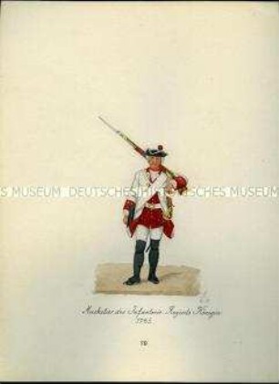 Uniformdarstellung, Musketier des Infanterie-Regiments Königin, 1745. Aus: Sammelmappe "Sachsens Militär", Königliche Arsenalsammlung.