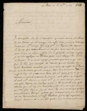 Brief von Jacques Hotteterre an Wilhelm von Uffenbach, Paris, 18.12.1723