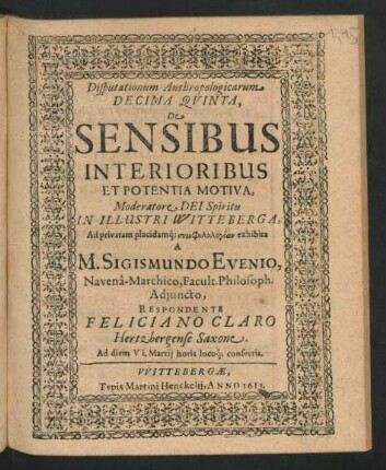 Disputationum Anthropologicarum Decima Quinta, De Sensibus Interioribus Et Potentia Motiva