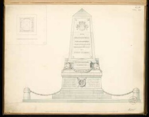 Gefallenendenkmal, Stendal Monatskonkurrenz März 1875: Grundriss, Aufriss Vorderansicht; 2 Maßstabsleisten