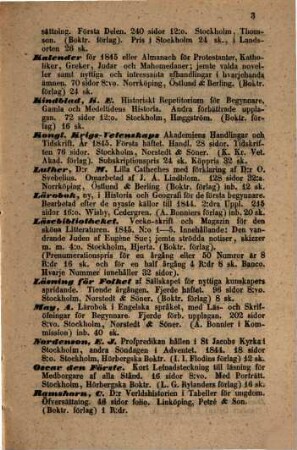 Svensk litteratur bulletin : förteckning öfver alla nya utkomma böcker, musikalier, gravyrer. 1845