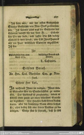 Eilfter Brief. An Hrn. Carl Marseilles Esq. zu Neu-York