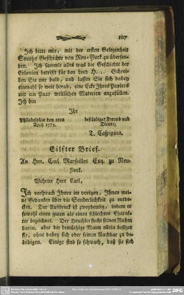 Eilfter Brief. An Hrn. Carl Marseilles Esq. zu Neu-York