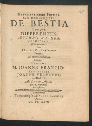 Exercitationum Physicarum DecimaQuinta, De Bestia