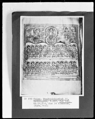 Apokalypse des Johannes (Die sog. Trierer Apokalypse) — Thron Gottes umgeben von den 24 Ältesten, Folio 14verso