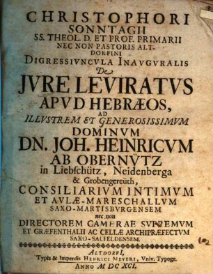 Disgressiuncula inaug. de iure leviratus apud Hebraeos, ad J. H. de Obernütz