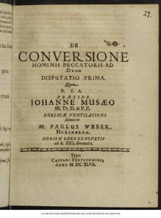 De Conversione Hominis Peccatoris Ad Deum Disputatio Prima