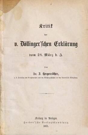 Kritik der v. Döllinger'schen Erklärung vom 28. März d.J.