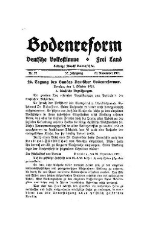 26. Tagung des Bundes Deutscher Bodenreformer : (Fortsetzung)