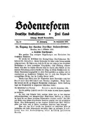 26. Tagung des Bundes Deutscher Bodenreformer : (Fortsetzung)