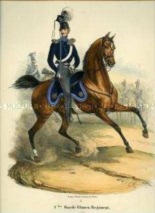 Uniformdarstellung, Ulan des 1. Garde-Ulanen-Regiments zu Pferd, Preußen 1843/1845. Aus: Sachse: Das Preussische Heer. Tafel 5.