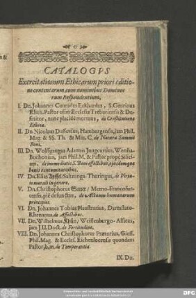 Catalogus Exercitationum Ethicarum priori editione contentarum, cum nominibus Dominorum Respondentium.