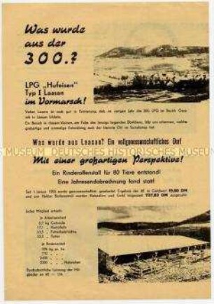 Flugblatt an Einzelbauern für Eintritt in die LPG, mit Erfolgsmeldungen aus der LPG "Hufeisen" in Laasan