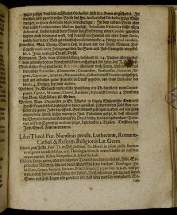 Libri Theol. Fut. Nundinis prodit, Lutheranæ, Romano- Cathol. & Reform. Religionis Lat. Germ.
