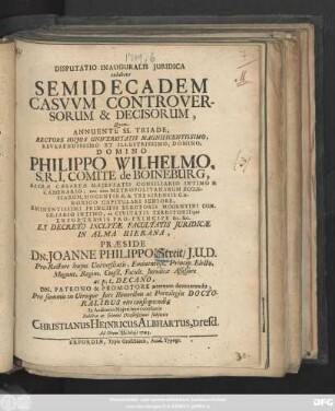 Disputatio Inauguralis Juridica exhibens Semidecadem Casvvm Controversorum & Decisorum