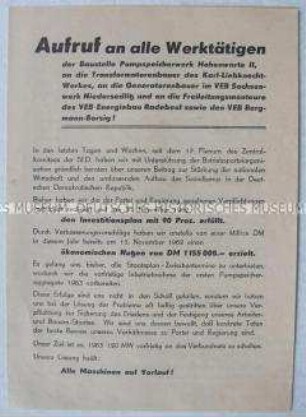 Flugschrift mit einem Aufruf an die Werktätigen verschiedener Betriebe zu höheren Produktionsleistungen