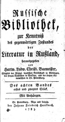 8: Russische Bibliothek, zur Kenntnis des gegenwärtigen Zustandes der Literatur in Rußland