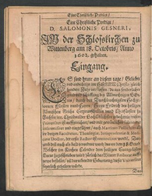 Eine Christliche Predigt/ D. Salomonis Gesneri In der Schlosskirchen zu Wittenberg ...