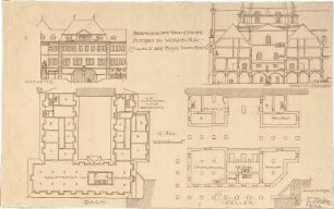 Fischer, Theodor; Würzburg, Münsterplatz; Sparkasse - Grundriss Keller, Grundriss DG, Ansicht, Schnitt