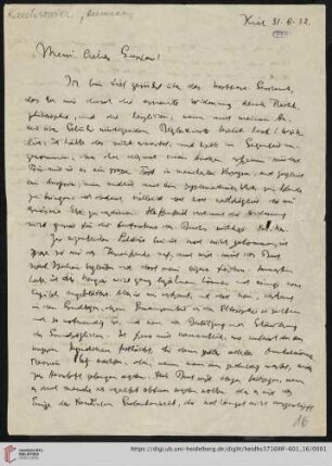 Nachlass Gustav Radbruch. Korrespondenz Hermann Kantorowicz/Gustav Radbruch: Brief von Hermann Kantorowicz an Gustav Radbruch