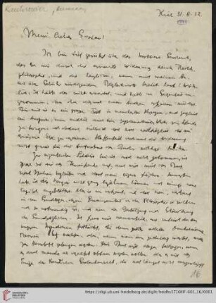 Nachlass Gustav Radbruch. Korrespondenz Hermann Kantorowicz/Gustav Radbruch: Brief von Hermann Kantorowicz an Gustav Radbruch