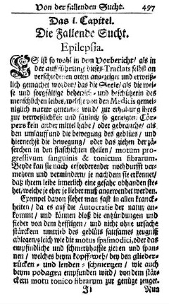 Das I. Capitel. Die Fallende Sucht. Epilepsia.