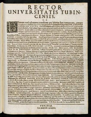 Rector Universitatis Tubingensis, L. S. : Beatum verò ad aeterna transitum per lubrica haec temporum ...