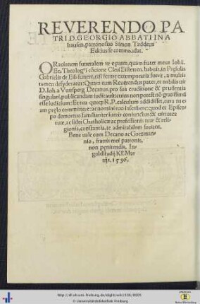 Reverendo Patri D. Georgio Abbati In Ahausen, patrono suo Simon Taddeus Eckius commendat.