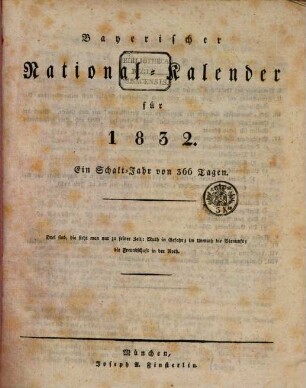 Bayerischer National-Kalender : für .... 1832, 1832