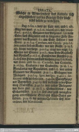Errata. Welche in Abwesenheit des Autoris sich eingeschlichen, und der Geneigte Leser solche selbst beliebe zu verbessern