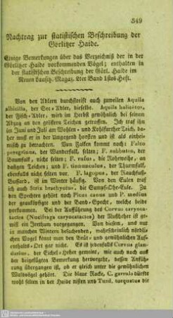 Nachtrag zur statistischen Beschreibung der Görlitzer Haide : Einige Bemerkungen über das Verzeichnis der in der Görlitzer Haide vorkommenden Vögel; enthalten in der statistischen Beschreibung der Görl. Haide im Neuen Lausitz. Magaz. 2rer Band 1stes Heft