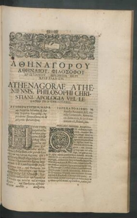 Athenagorae Atheniensis, Philosophi Christiani, Apologia Vel Legatio Pro Christianis.