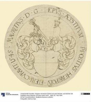 Wappen mit leerem Schild und zwei Helmen, auf welchen die Halbfigur eines Mannes und eine Hand mit Bischofsstab