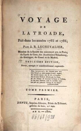 Voyage de la Troade : fait dans les années 1785 et 1786. 1. - XVIII, 303 S.