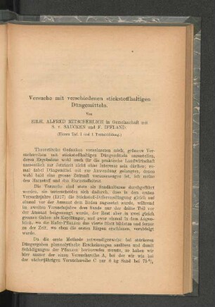 Versuche mit verschiedenen stickstoffhaltigen Düngemitteln.