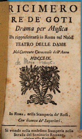 Ricimero re de'Goti : Drama per musica