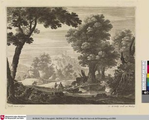 [Waldlandschaft mit Hirten die mit ihren Tieren einen Fluss überqueren]
