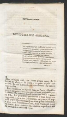 Introduction à l'histoire des animaux.