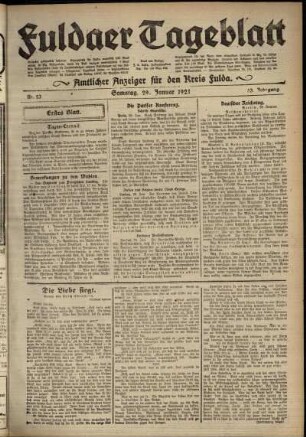 Erste Ausgabe vom Samstag, den 29. Januar 1921.