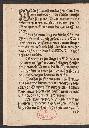 NVn höret all zugleich/ jr Christen || arm vnd reich/