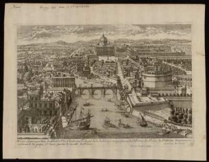 Veüe et perspective du Pont & du Chateau St. Ange de la balisique magnifique de St. Pierre du Palais du Vatican demeuren ordinaire du pape, & dune partie de laville de Rome