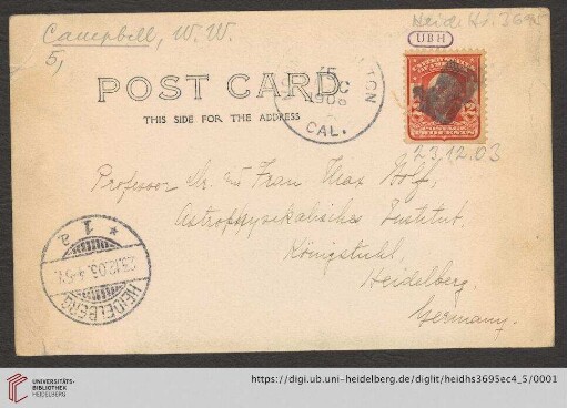 Briefe von William Wallace Campbell an Max Wolf: Brief von William Wallace Campbell an Max Wolf