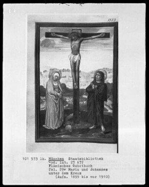 Flämisches Gebetbuch mit Kalender — Christus zwischen Maria und Johannes am Kreuz, Folio 29verso