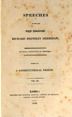 Speeches of the late Right Honourable Richard Brinsley Sheridan, 3