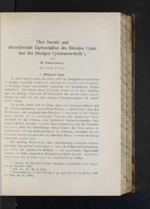 Über lösende und dissociierende Eigenschaften des flüssigen Cyans und des flüssigen Cyanwasserstoffs.