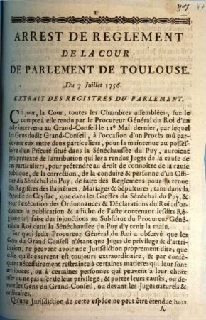 Arrest De Reglement De La Cour De Parlement De Toulouse. Du 7 Juillet 1756 : Extrait Des Registres Du Parlement
