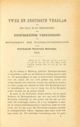Twee en zestigste verslag van den staat en de verrichtingen der Doopsgezinde Vereeniging tot Bevordering der Evangelieverbreiding in de Nederlandsche Overzeesche Bezittingen 1910