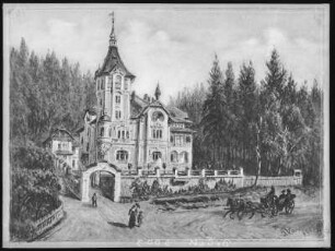 Marienbad. St. Hubertus. Malerei auf Fotografie : Marienbad. Haus St. Hubertus der Villa "Hubertusburg" mit Pferdekutsche. Bemaltes Negativ zur Herstellung von Ansichtspostkarten