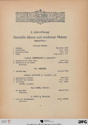 I. Abteilung: Gemälde älterer und moderner Meister (Nr. 1-260)