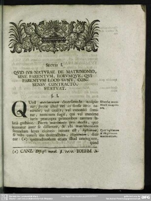 Sectio I. Quid Ius Naturae De Matrimonio, Sine Parentum, Eorumque, Qui Parentum Loco Sunt, Consensu Contracto, Statuat